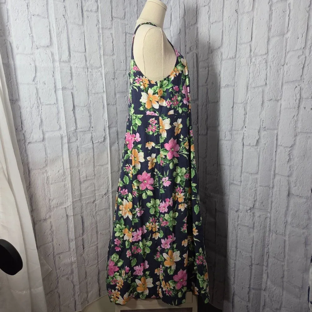 Old Navy Extra Large Navy Blue Floral Linen Blend Smocked Cottagecore Midi Dress - Picture 4 of 10